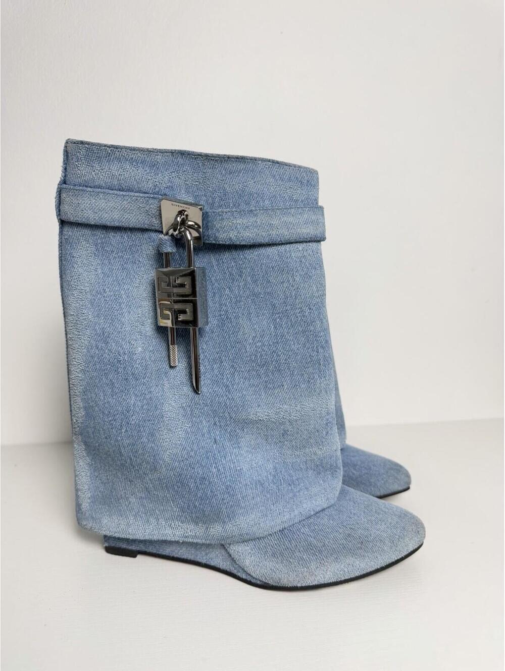 Givenchy Shark Lock Denim Ankle Boots Light Blue Women’s EU 39 Pointed Toe